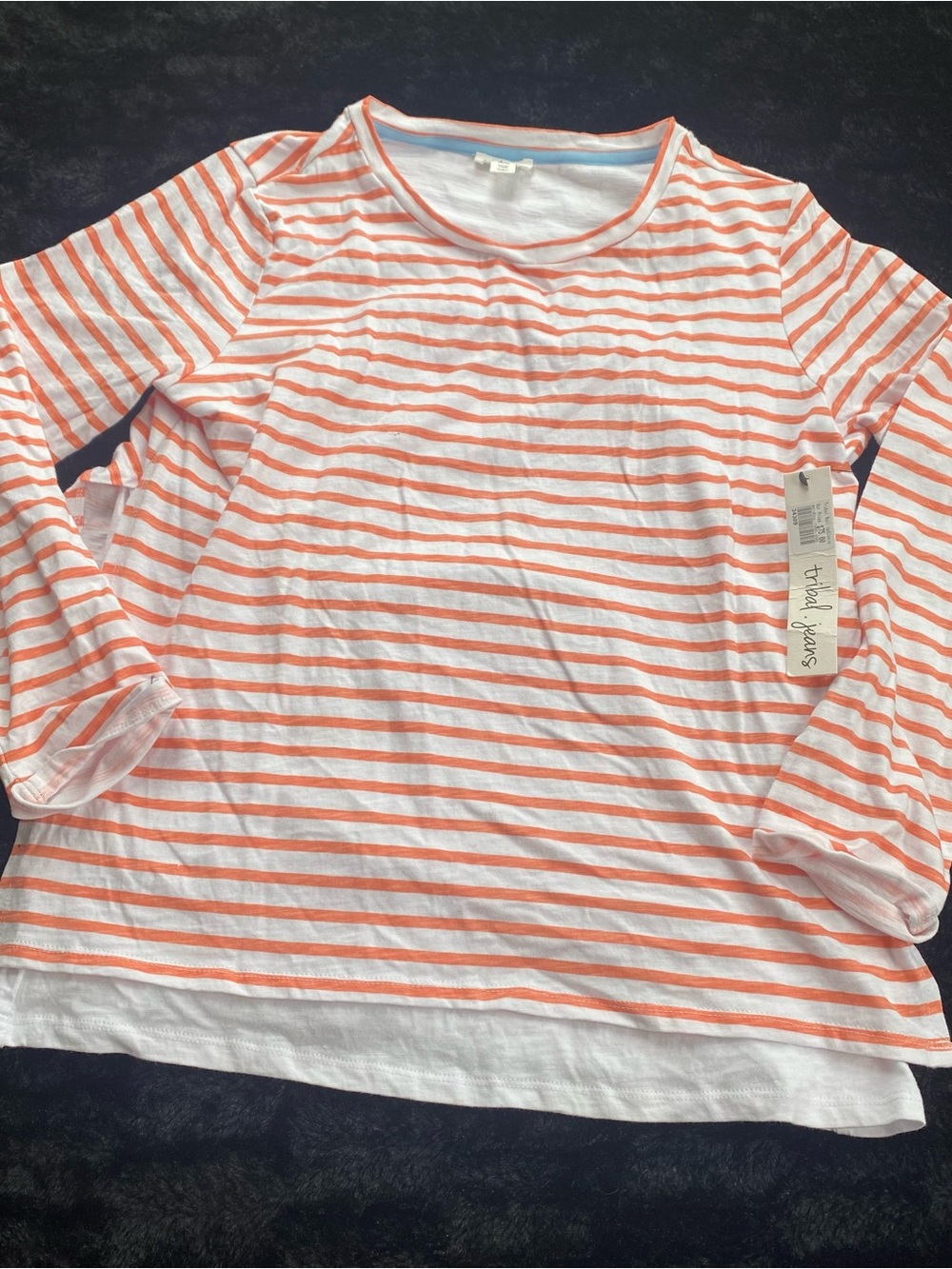 Tribal White and Coral Striped Long Sleeve Tee - Scoop Neck